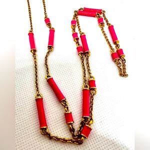 Kate Spade Long Gold Chain with Pink Coral Tubular Enamel Beads Necklace EUC